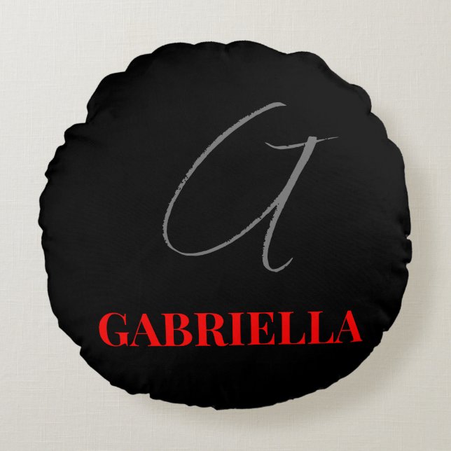 Coussins Ronds Noir Rouge Blanc Votre Nom Monogramme initial (Devant)