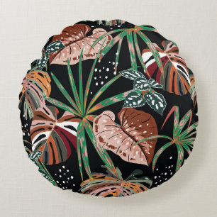 Coussins Ronds Noir tropical : Motif de forêt exotique foncé