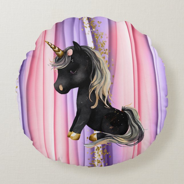 Coussins Ronds Noir Unicorne oreilles roses (Devant)
