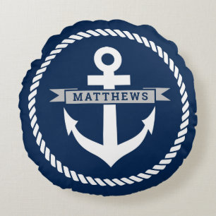 Coussins Ronds Nom de famille ancre et corde bleu marine nautique