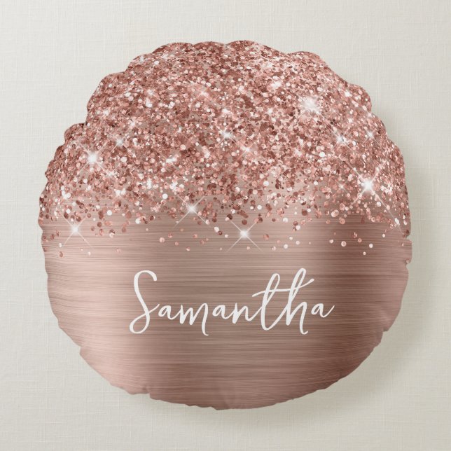 Coussins Ronds Nom de script Glam Rose Gold Pailleté (Devant)