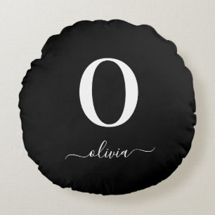 Coussins Ronds Nom de script Monogramme Personnalisé Noir Et Blan