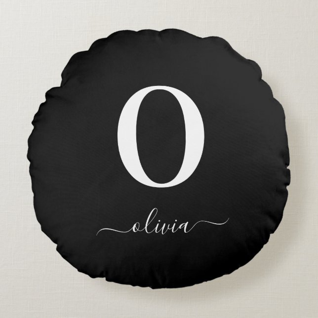 Coussins Ronds Nom de script Monogramme Personnalisé Noir Et Blan (Devant)
