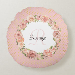 Coussins Ronds Nom décoré d'un monogramme floral de rose