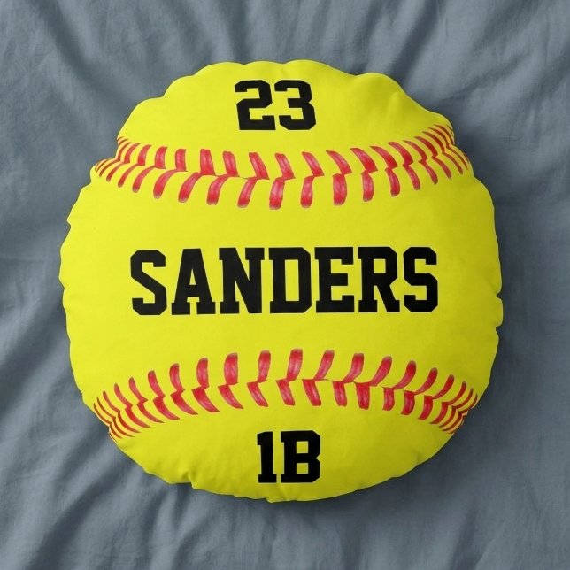 Coussins Ronds Nom du joueur, nombre et position balle molle rapi (Round softball pillow with custom softball player name, player number and position.)