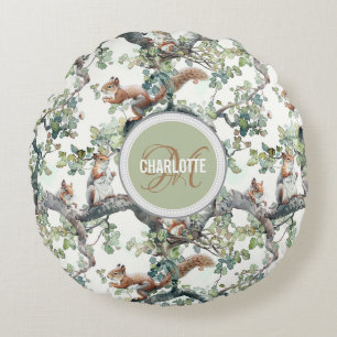 Coussins Ronds Nom du monogramme du motif des écureuils mignons