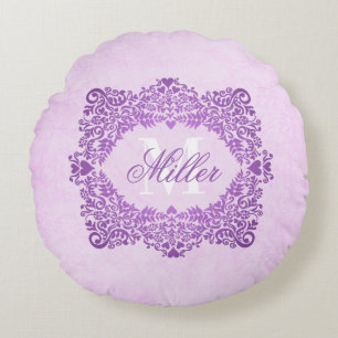 Coussins Ronds Nom du monogramme rose Damas