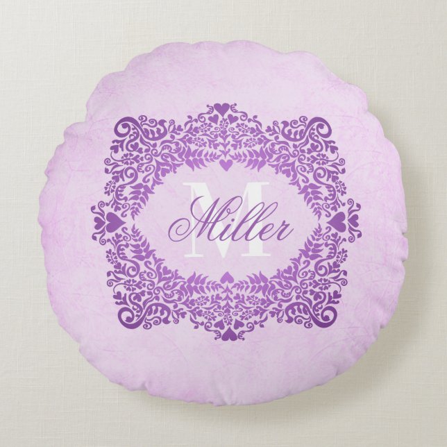 Coussins Ronds Nom du monogramme rose Damas (Devant)