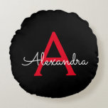 Coussins Ronds Nom du monogramme rouge noir de la fille<br><div class="desc">Noir et Rouge Simple Script Monogramme Nom Pouf Coussin. La coussin fait le cadeau parfait pour 16 ans,  mariage,  douche nuptiale,  baby shower ou bachelorette pour quelqu'un décorant sa chambre en or rose.</div>