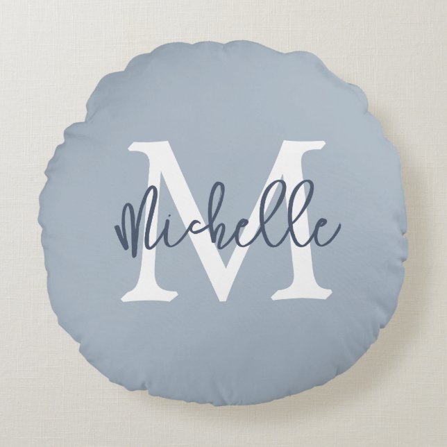 Coussins Ronds Nom du monogramme Script initial Dusty Blue (Devant)