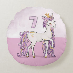 Coussins Ronds Nom personnalisé 7e anniversaire Cheval rose avec 