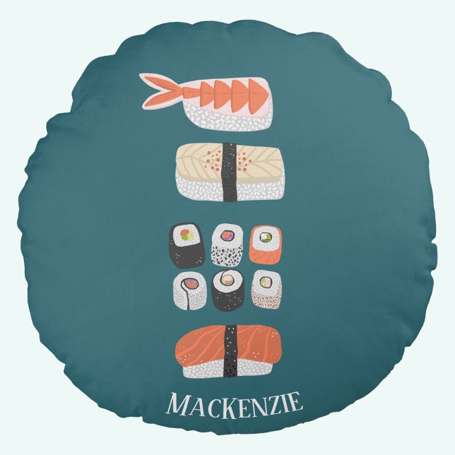 Coussins Ronds Nom personnalisé de la pile de sushi (Japanese sushi personalized teal green round pillow or cushion)