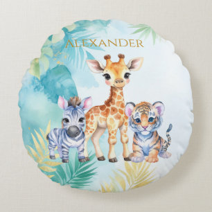 Coussins Ronds Nom personnalisé Jungle Baby Zebra Giraffe et Tige