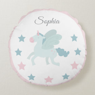 Coussins Ronds Nom personnalisé licorne rose bleu mignon