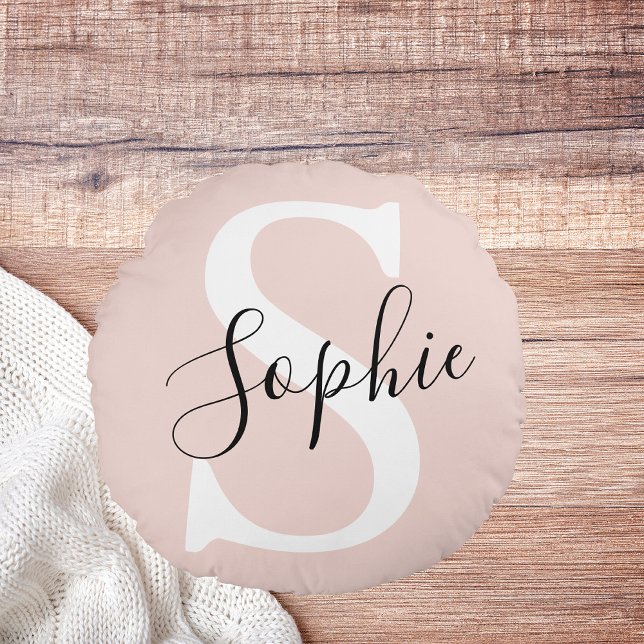 Coussins Ronds Nom personnalisé moderne Monogram Pastel Rose (Créateur téléchargé)