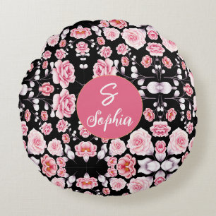 Coussins Ronds Nom personnalisé monogrammé floral aquarelle rose