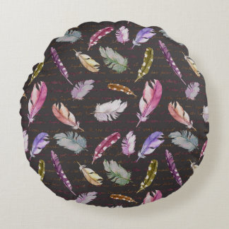 Coussins Ronds Notes des plumes : Aquarelle Motif d'oiseaux.