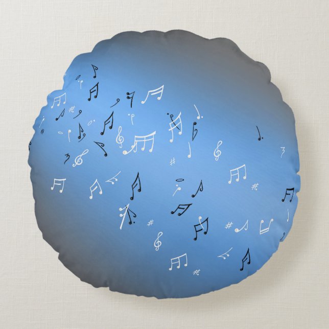 Coussins Ronds Notes musicales dans le gris bleu clair de lune (Devant)