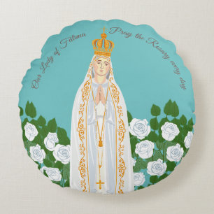 Coussins Ronds Notre-Dame de Fatima et roses blanches