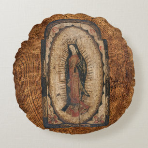 Coussins Ronds Notre-Dame de Guadalupe Vierge Marie Bois Look