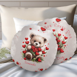 Coussins Ronds Nounours Cœur Mignon Ours en Peluche & Roses Saint