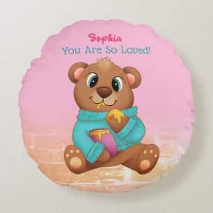 Coussins Ronds Nounours Ours Mangeant du Miel, Nom de l'Enfant &