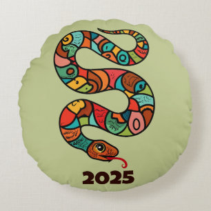 Coussins Ronds Nouvel An Chinois Du Serpent À Bois Vert 2025