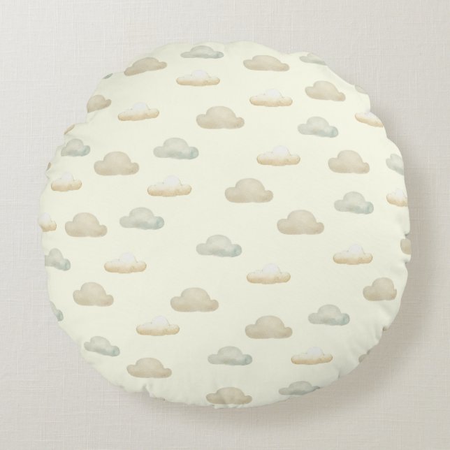 Coussins Ronds Nuages mignons dans le ciel jaune beurre (Devant)