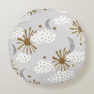 Coussins Ronds Nuages, soleil, lune, motif minimaliste.