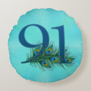 Coussins Ronds Numéro de plume de paon pour 91e anniversaire