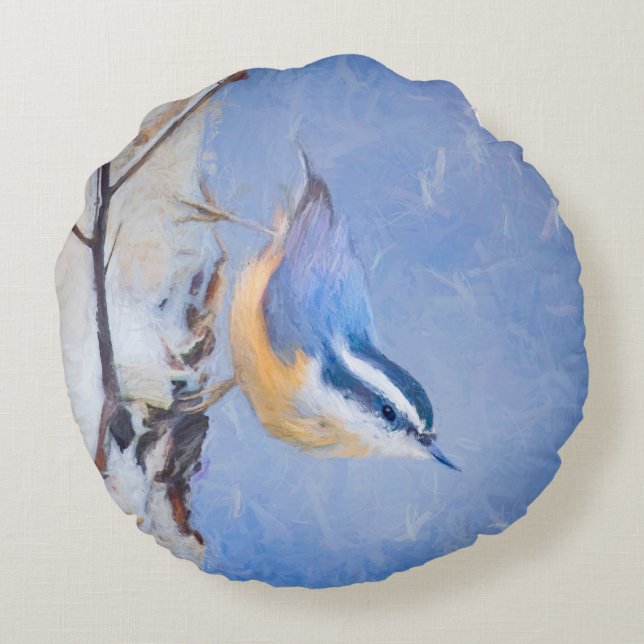 Coussins Ronds Nuthatch à poitrine rouge Peinture d'art original  (Dos)