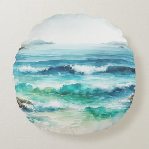 Coussins Ronds Ocean Waves Beach Aquarelle Peinture