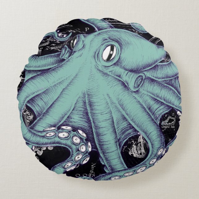 Coussins Ronds Octopus Teal vintage map (Devant)