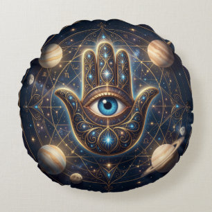 Coussins Ronds Œil maléfique Hamsa céleste or Navy Cosmique
