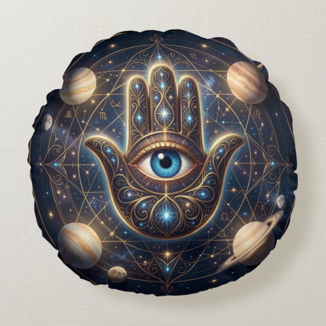 Coussins Ronds Œil maléfique Hamsa céleste or Navy Cosmique (Devant)