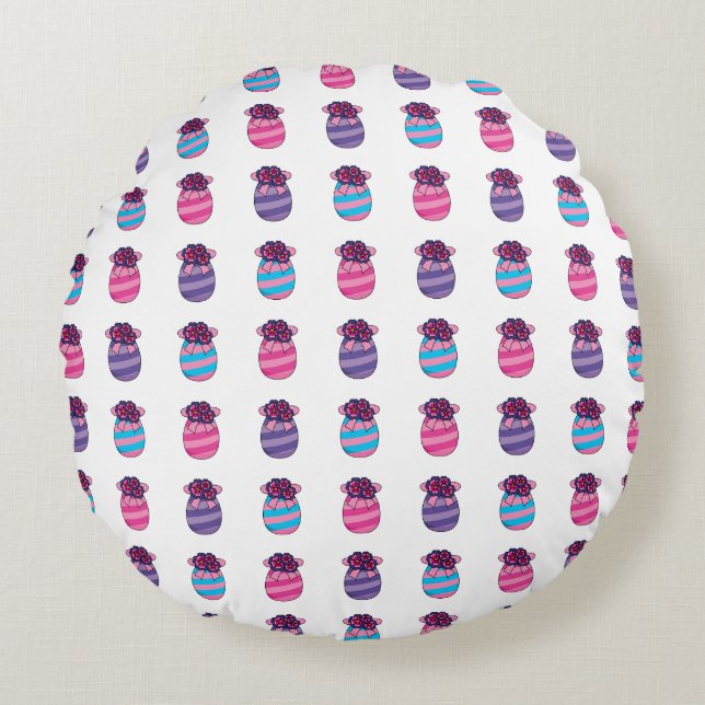 Coussins Ronds Oeufs de Pâques aux fleurs et au ruban (Devant)