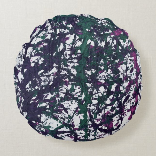 Coussins Ronds Œuvre d'art violet, vert, rose, marbre (Devant)