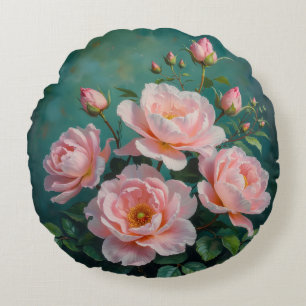 Coussins Ronds Œuvres d'art sur pivoines roses sur fond vert émer