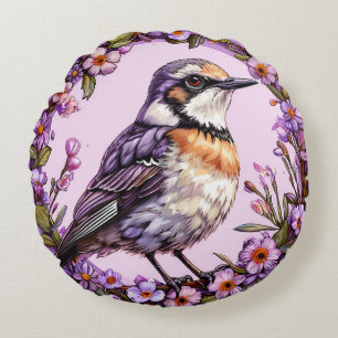 Coussins Ronds Oiseau artistique dans une couronne florale en fle