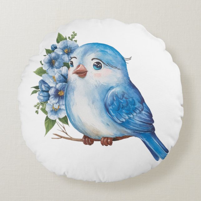 Coussins Ronds Oiseau bleu avec fleurs (Devant)