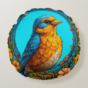 Coussins Ronds Oiseau Coloré avec Cadre Floral