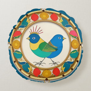 Coussins Ronds Oiseau coloré dans une œuvre d'art encadrée ornée