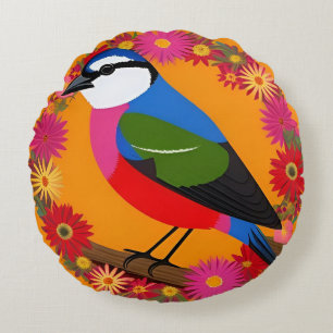 Coussins Ronds Oiseau Coloré Floral Vibrant Art de la Nature