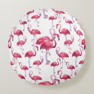 Coussins Ronds Oiseau d'aquarelle de Flamant rose exotique