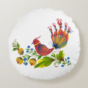 Coussins Ronds Oiseau décoratif avec fleurs et baies