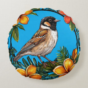 Coussins Ronds Oiseau encadré par des fleurs vibrantes