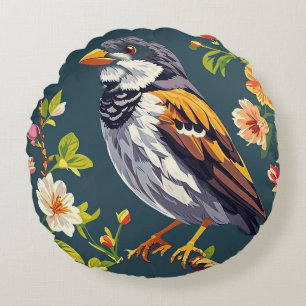 Coussins Ronds Oiseau encadré par des fleurs vibrantes