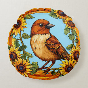 Coussins Ronds Oiseau encadré par des fleurs vibrantes