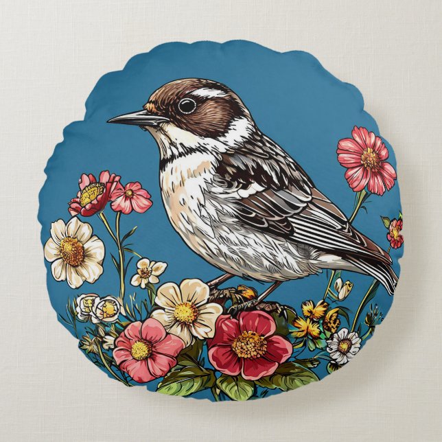 Coussins Ronds Oiseau encadré par des fleurs vibrantes (Devant)
