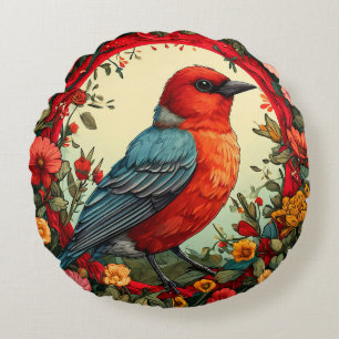 Coussins Ronds Oiseau encadré par des fleurs vibrantes